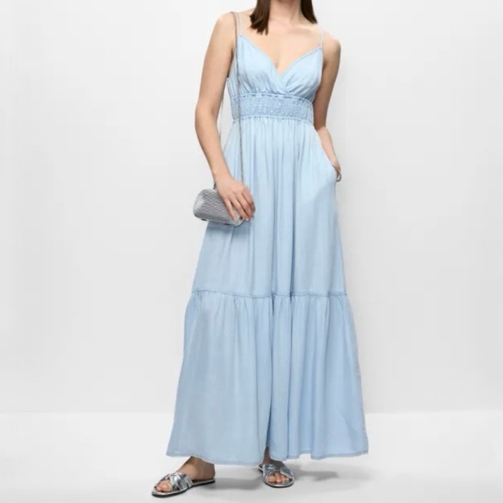 Melanie Lyne Tencel Soft Denim Light Blue Ruched Tiered Voluminous Maxi Dress 0